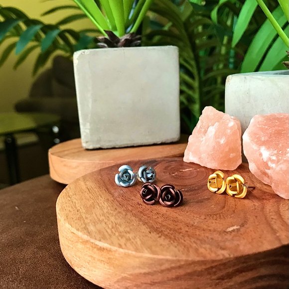 -Multicolor Stud Rose Earrings Trio - Picture 2 of 5